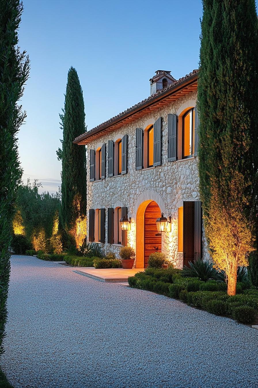 Stone villa with arched wooden door and warm lights