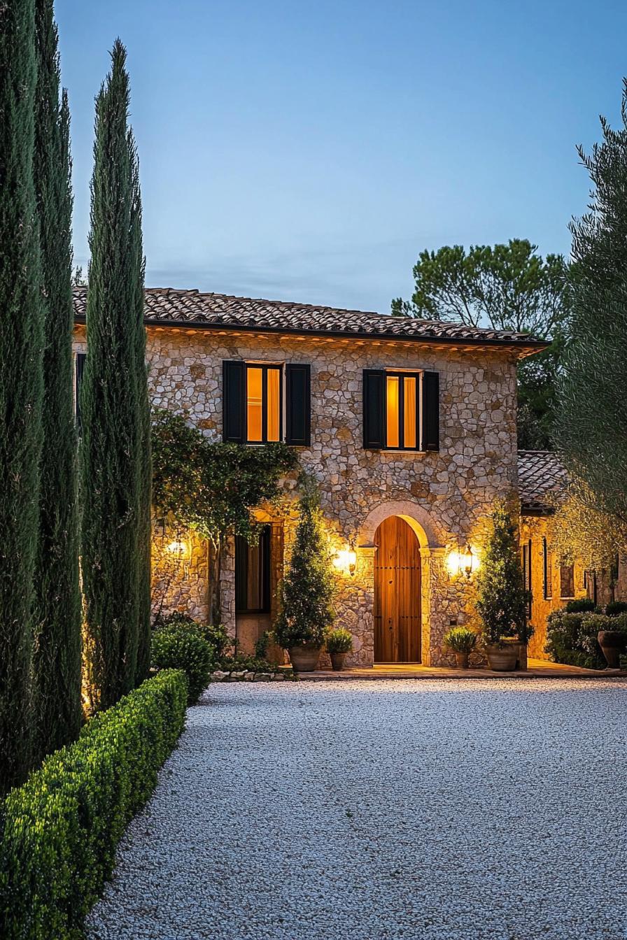 Rustic stone house with glowing windows at twilight