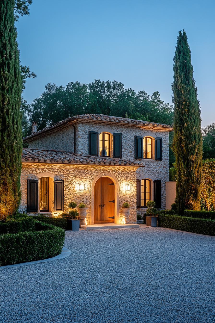 Charming stone house with shutters and lit entrance