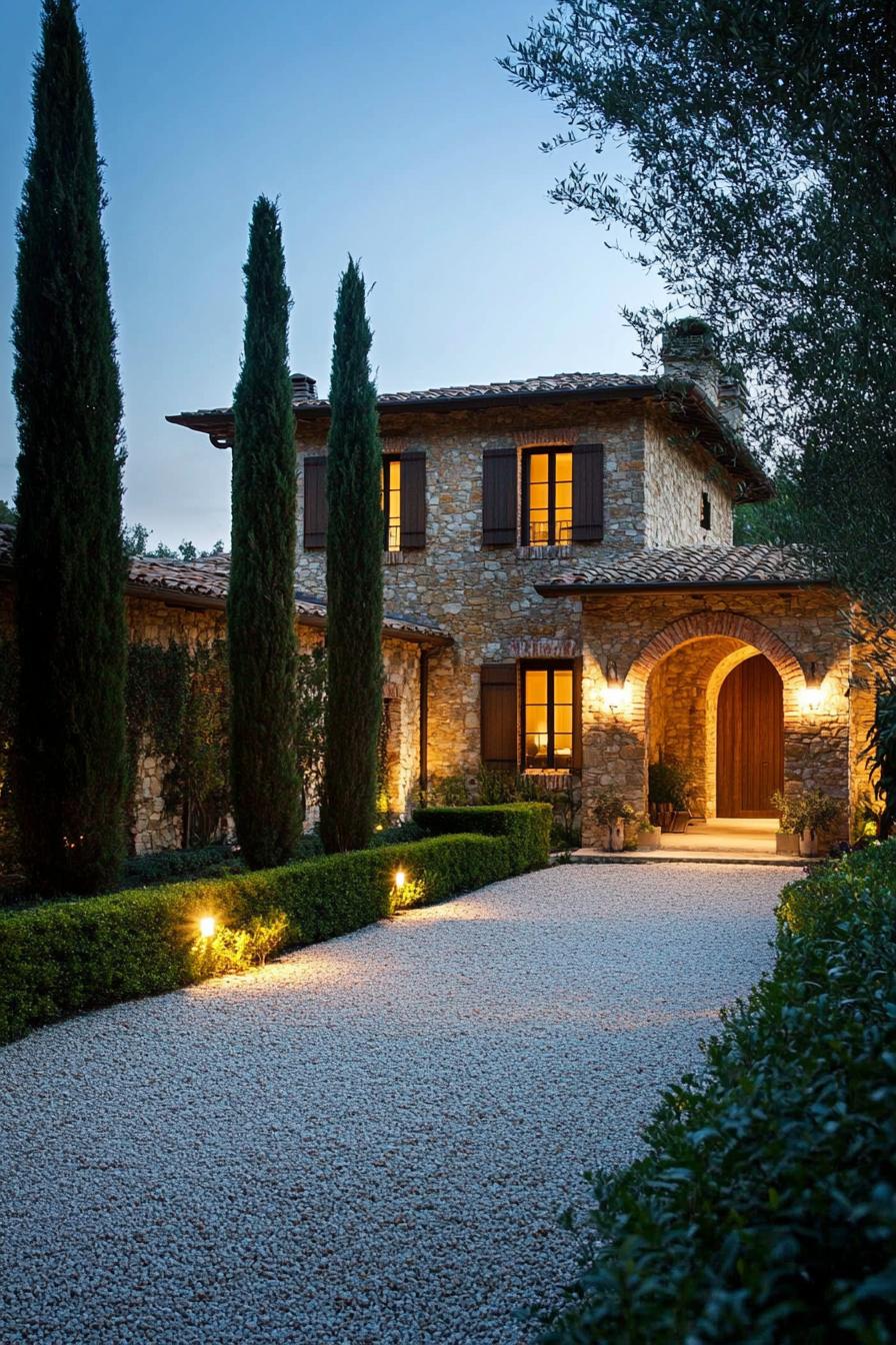 Stone house with lit pathway and tall trees