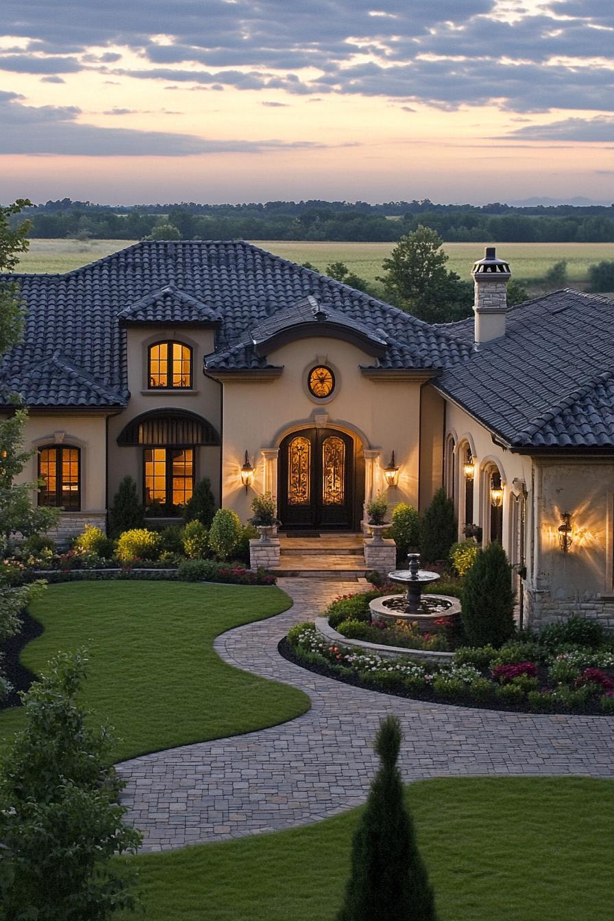 Elegant mansion with lush landscaping and a fountain