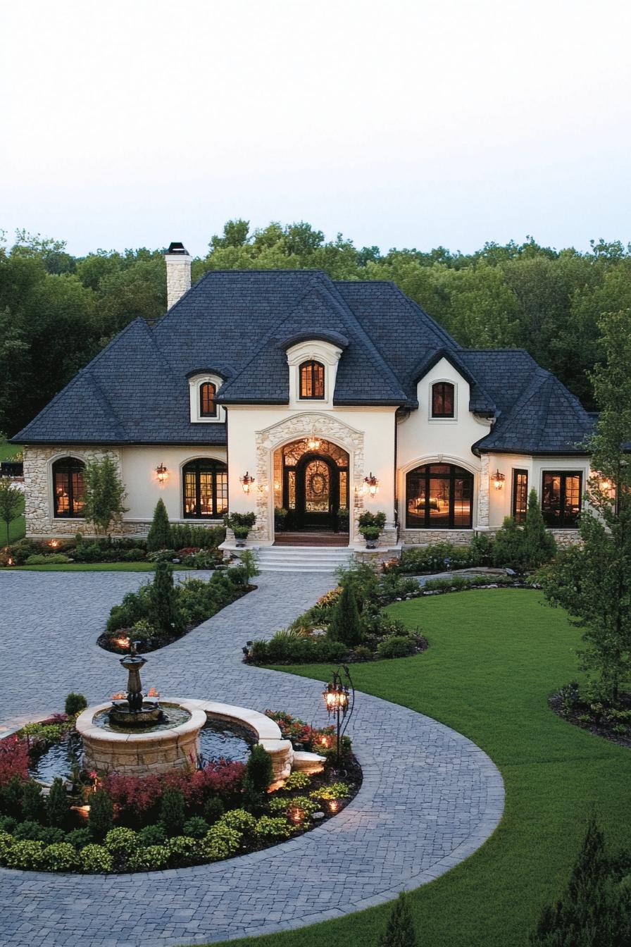 Elegant home with arched windows and a winding driveway