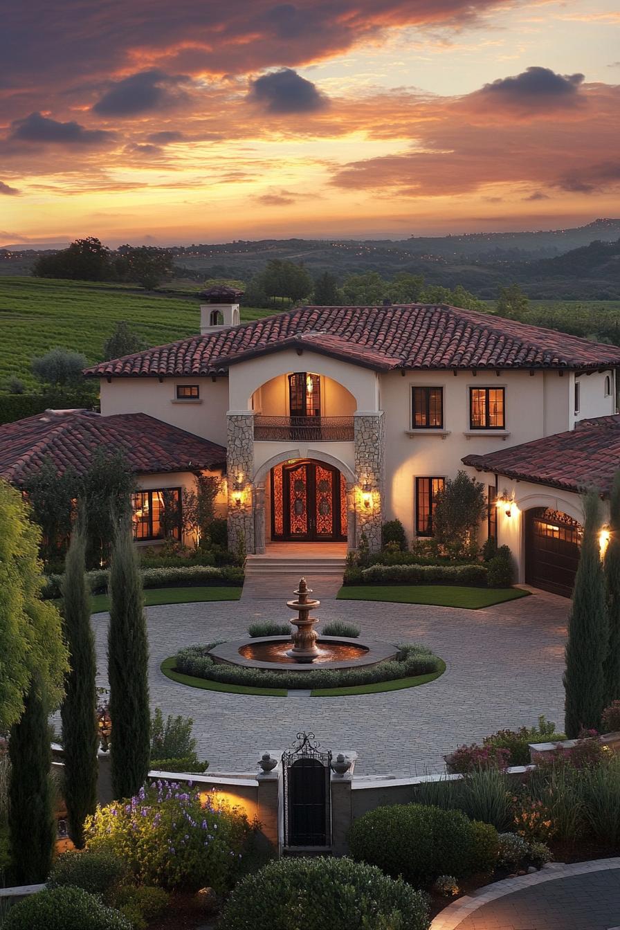 Elegant mansion with a fountain and lush gardens at sunset