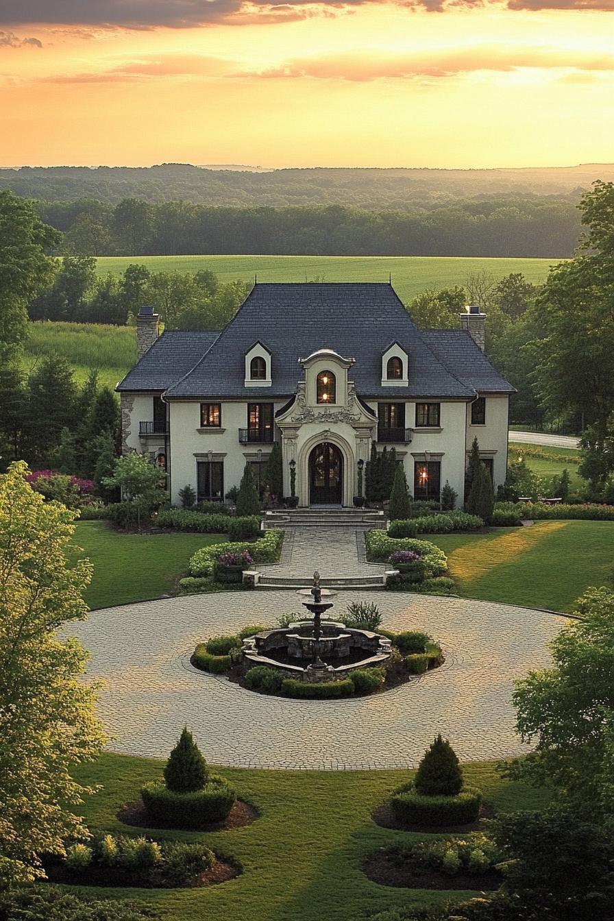 Stately house with elegant landscaping and a fountain