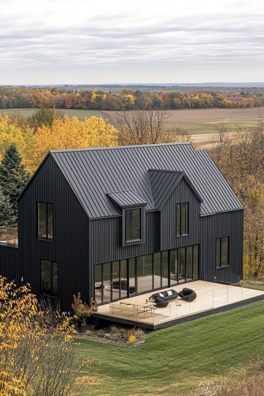 Modern farmhouse with large windows and a patio