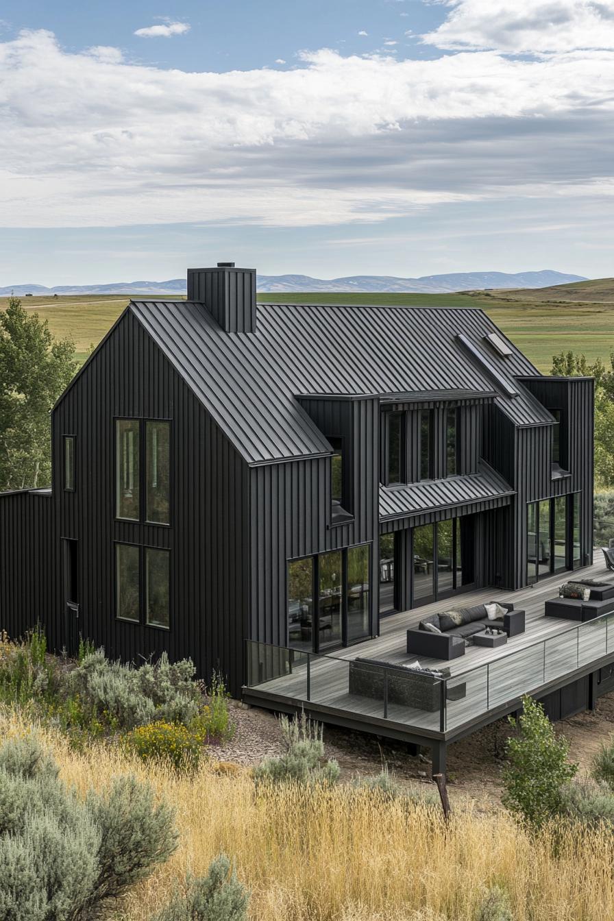 Sleek black farmhouse with glass railing