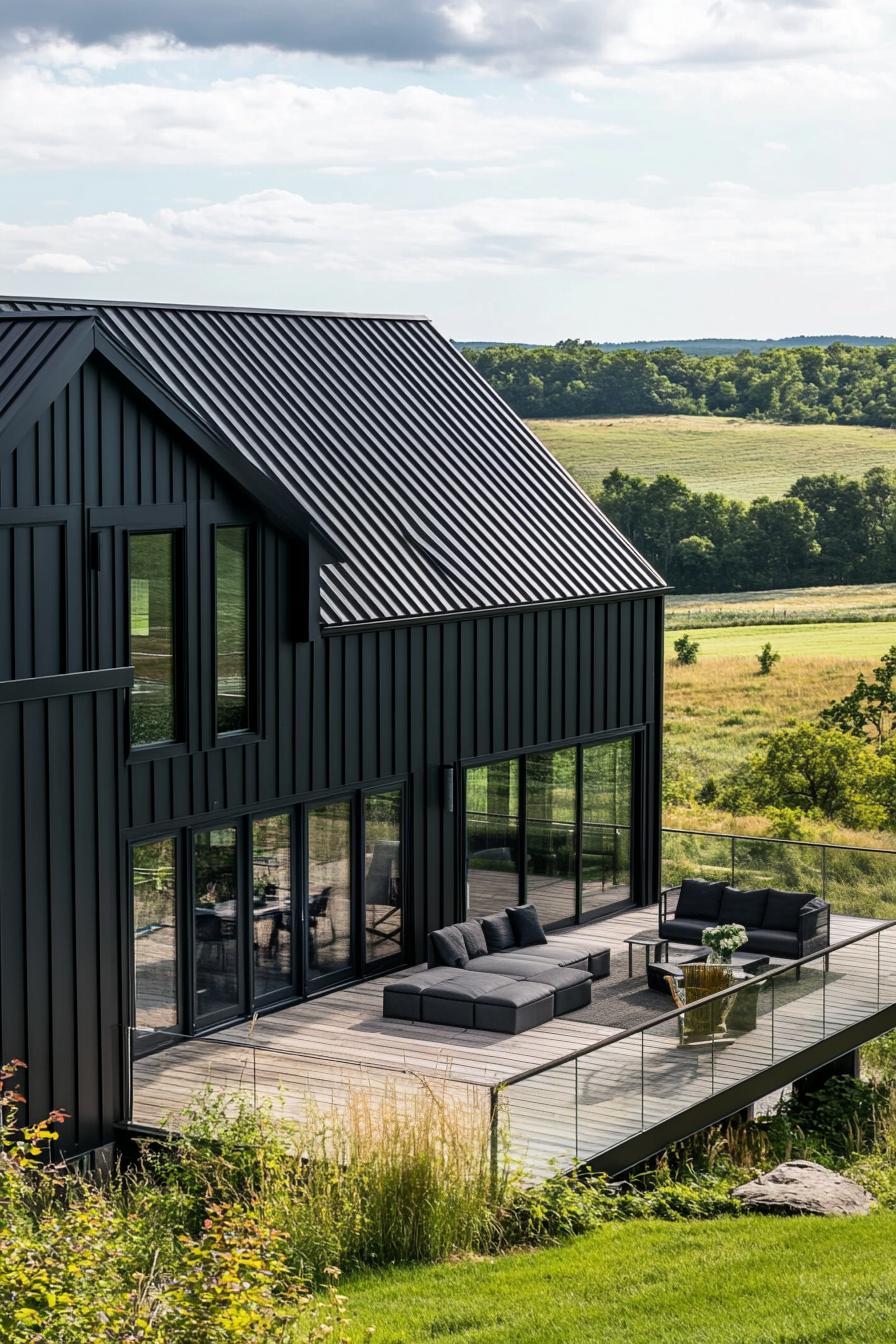 Modern black farmhouse with glass doors and an open deck