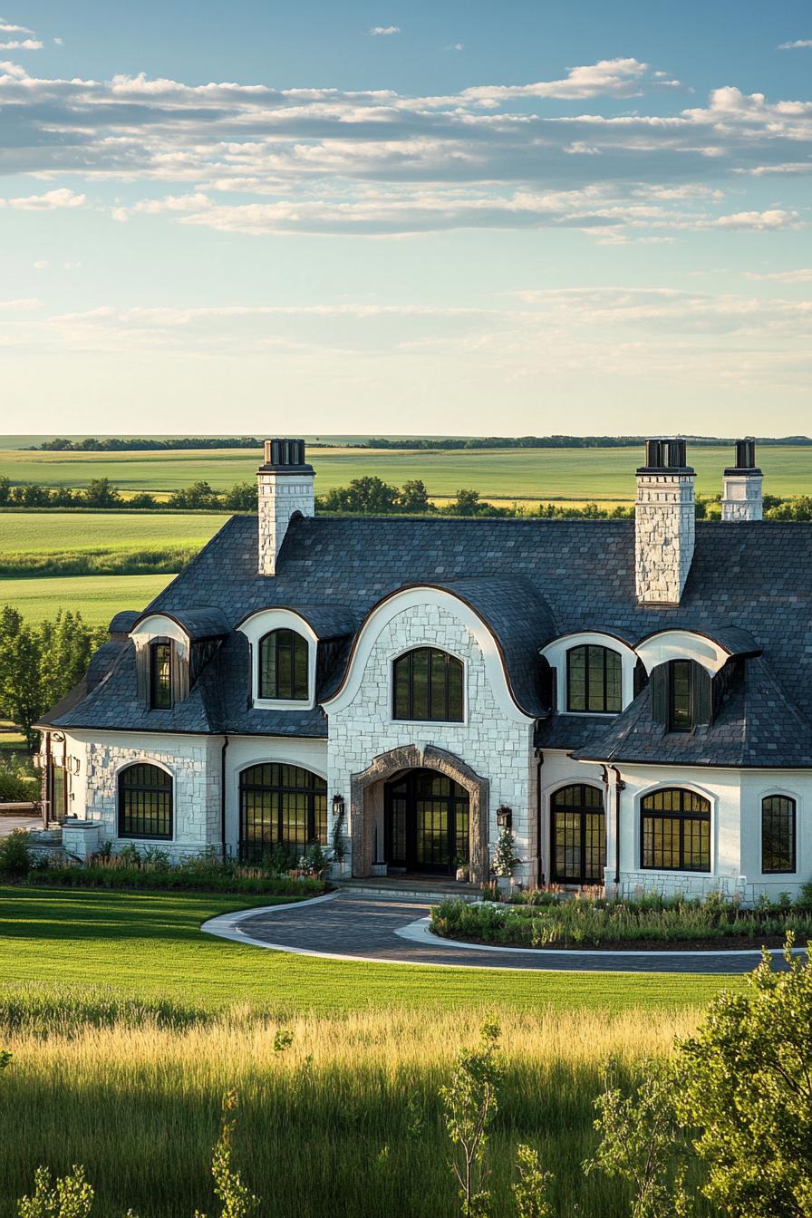 Luxurious stone house with arched windows set against a lush green landscape