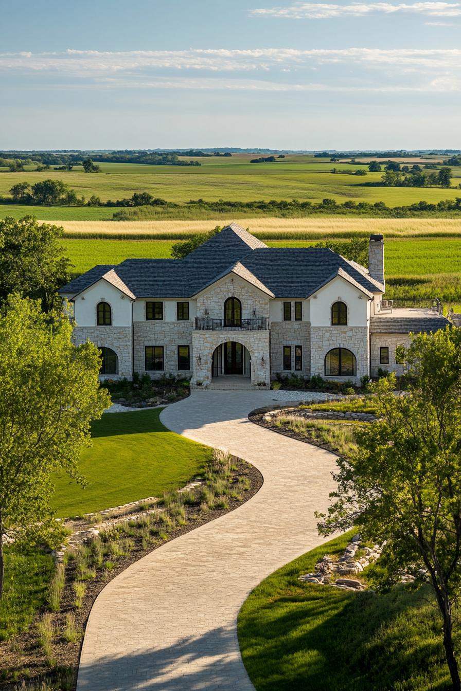 Grand stone house with expansive front lawn and winding driveway