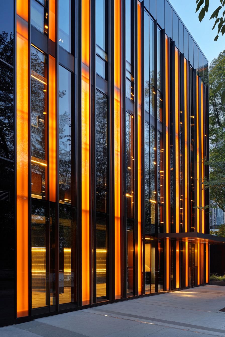 Glowing vertical panels on a modern building façade at dusk