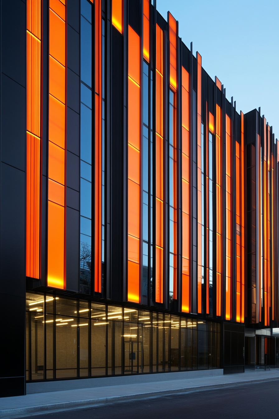 Building façade with vibrant orange vertical panels