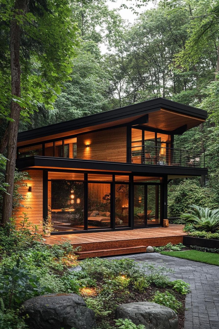 Modern house with wood and glass design surrounded by lush forest