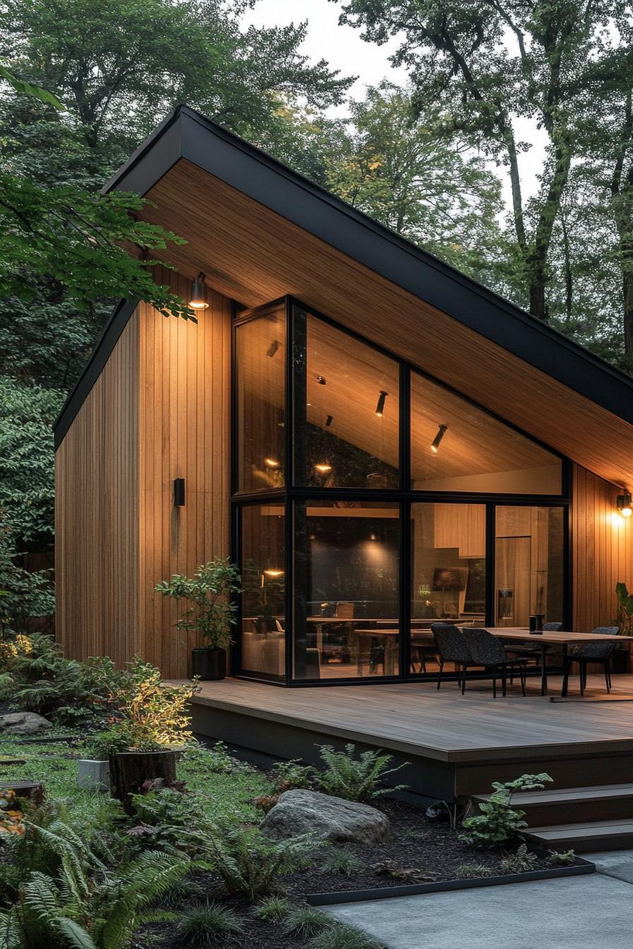 Wooden modern house with large glass windows in a forest setting