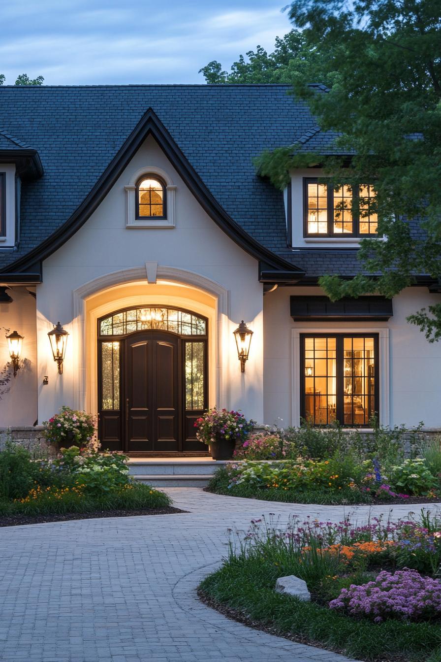 Beautiful entrance of a house in the evening with a well-lit, inviting facade and garden