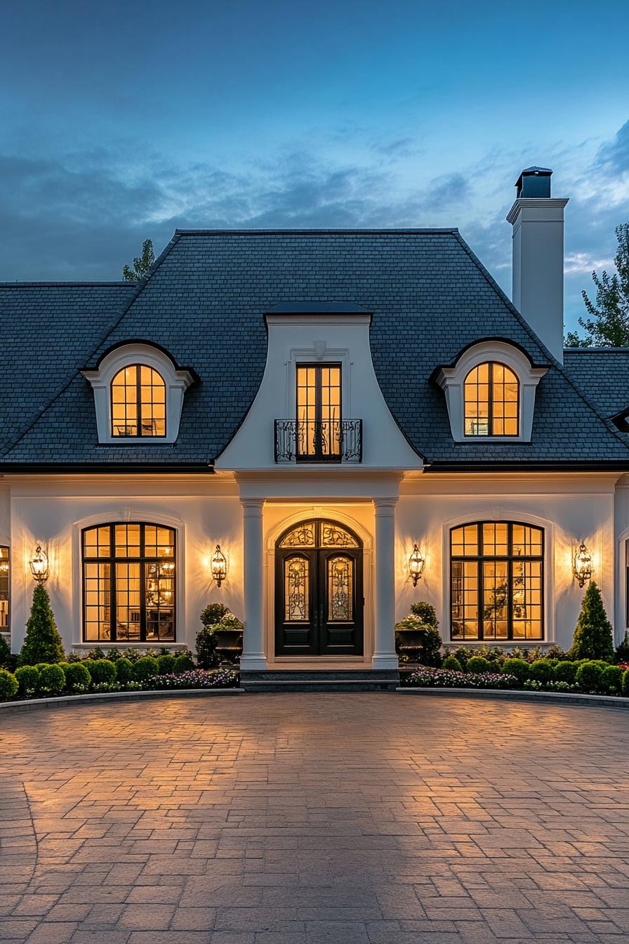 Elegant house with dormer windows and a glowing entrance