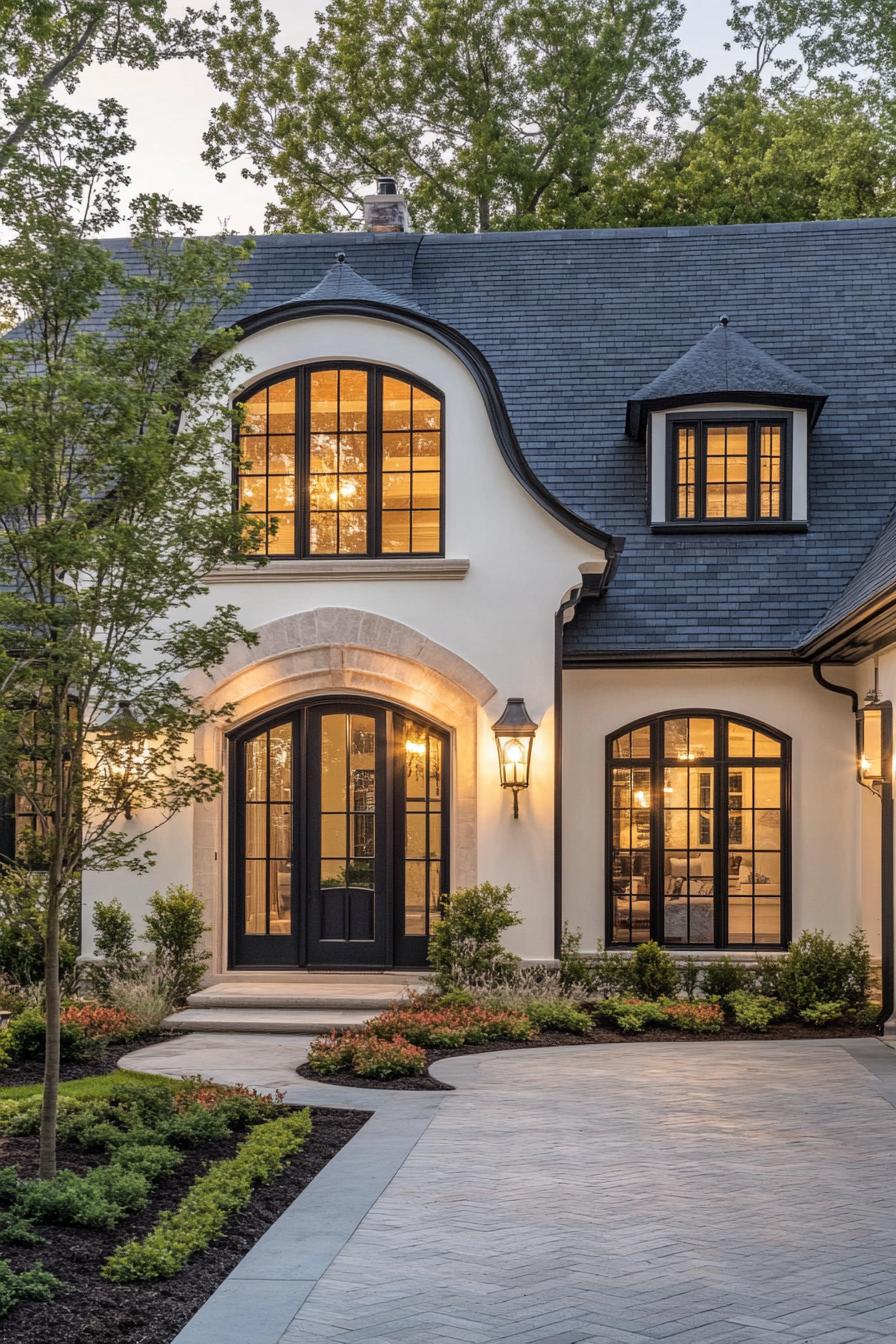 Elegant house with curved roof and glowing windows