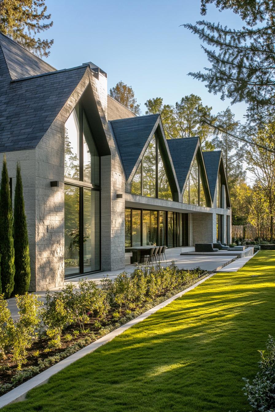 Long house with gabled roof and large windows