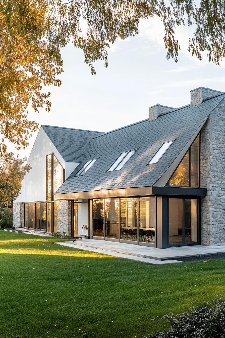 Modern long house with large windows and stone walls