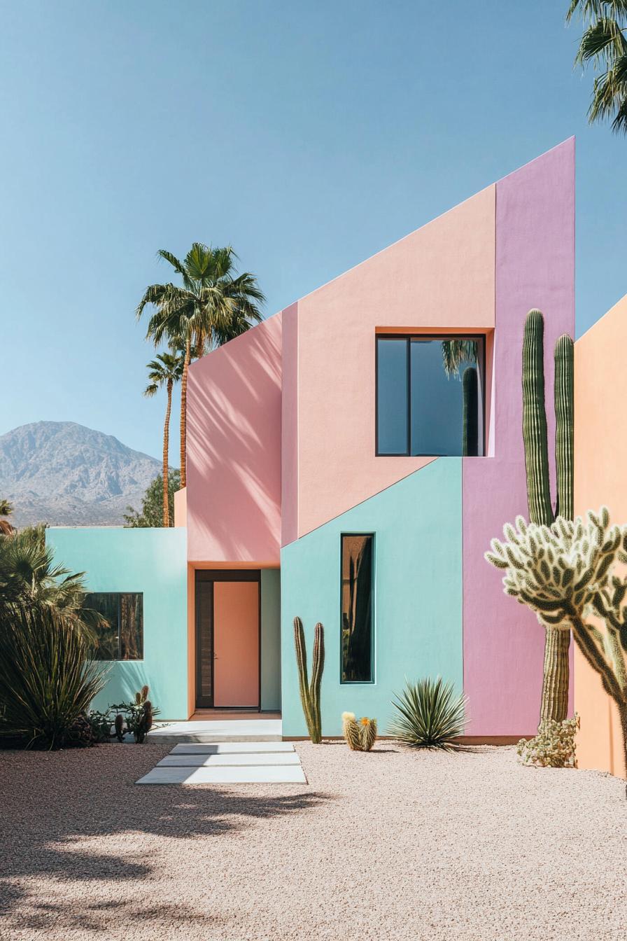 Colorful geometric home with cacti and palm trees