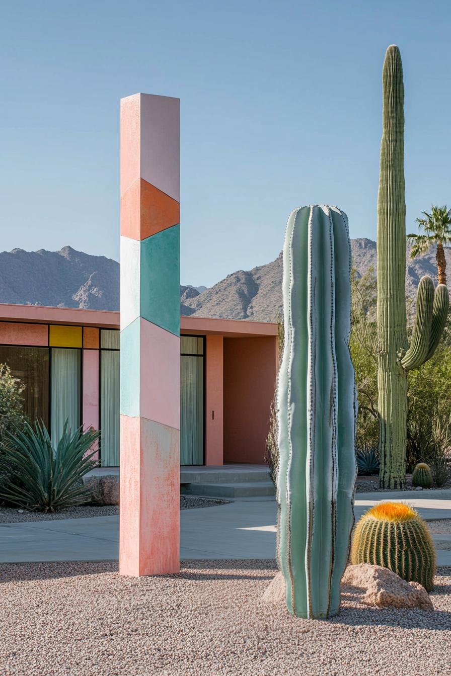 Vibrant geometric pillar beside desert plants and a mid-century modern home