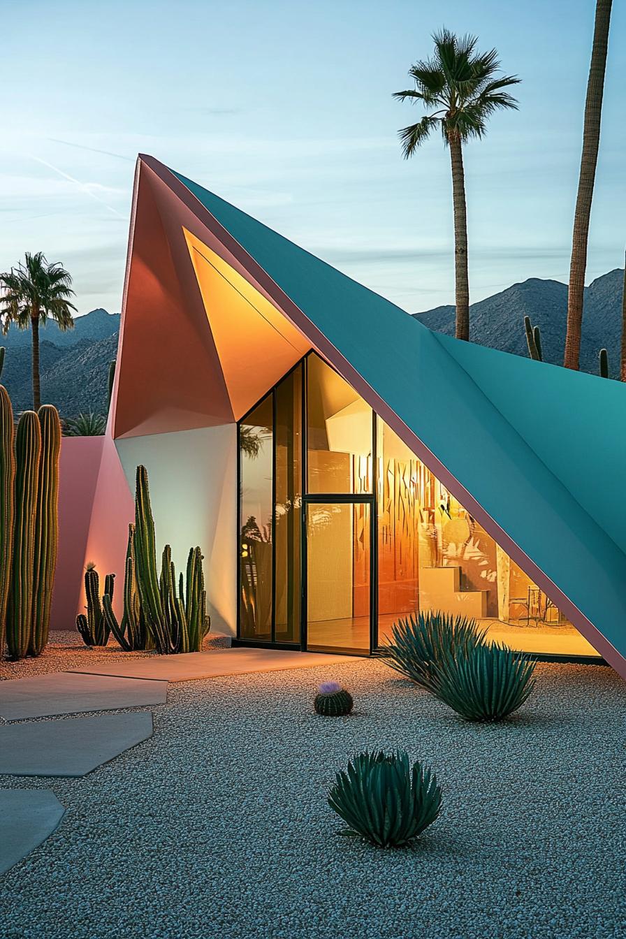 Colorful modern house with sharp angles and desert plants