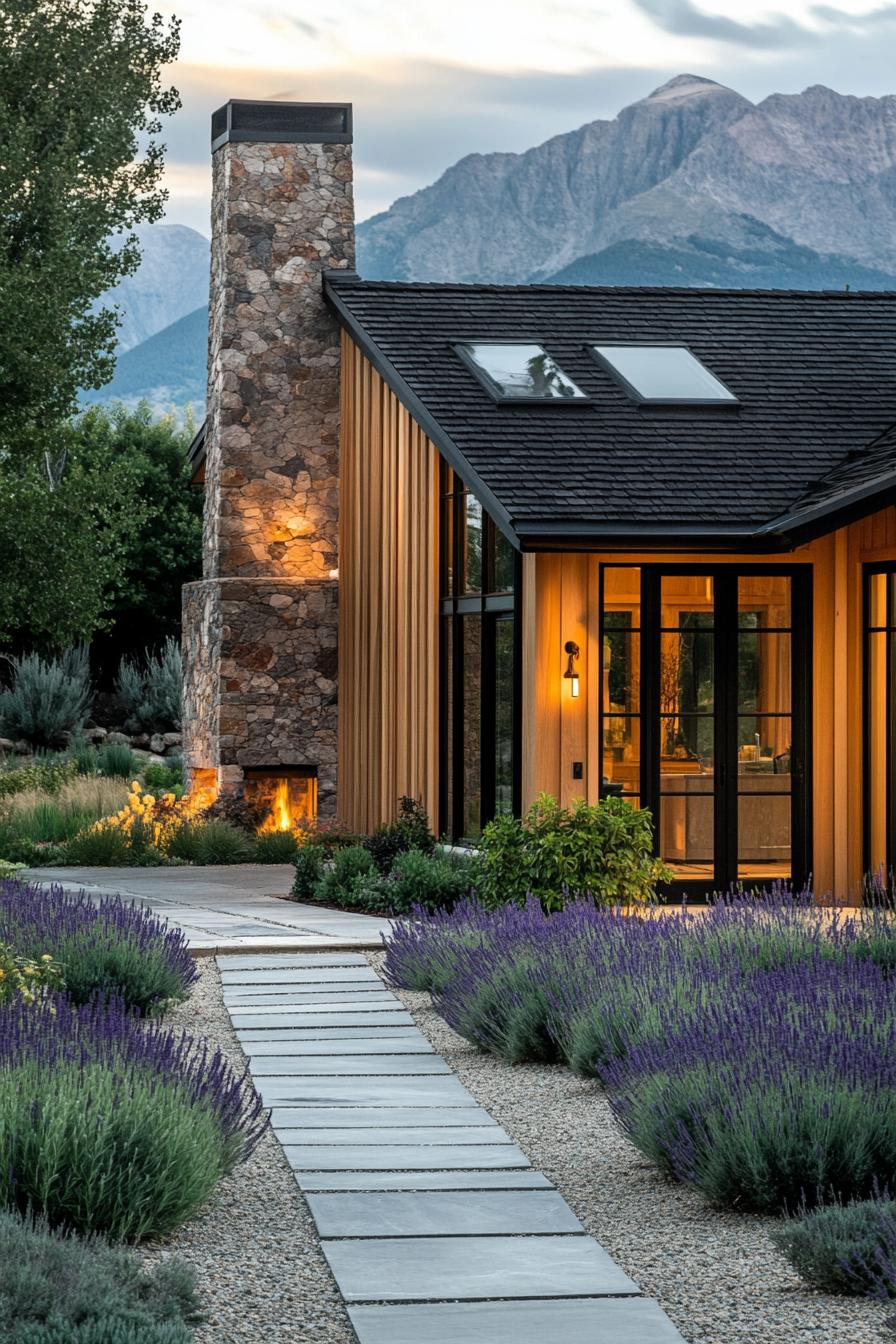 Modern farmhouse with stone chimney and lavender garden