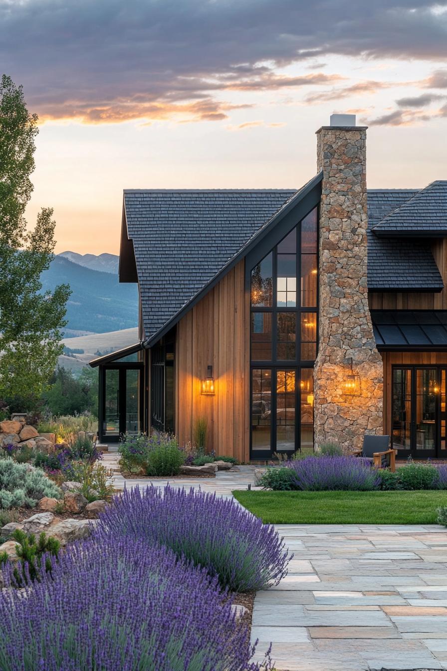 Rustic house with large windows, stone chimney, and gardens