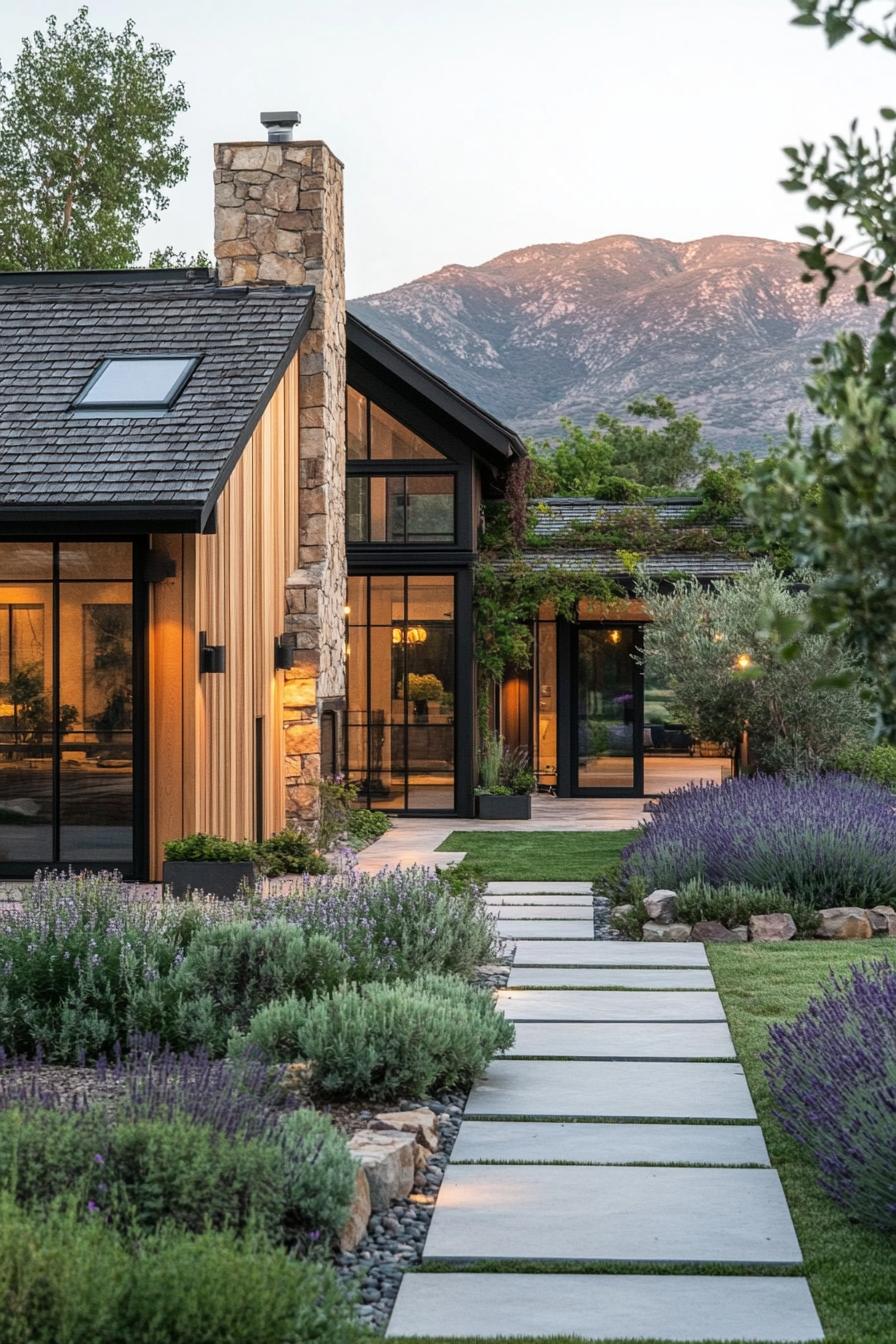 Modern farmhouse with mountain backdrop