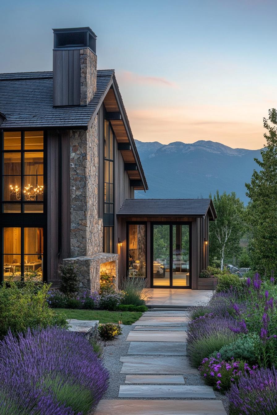 Modern farmhouse with scenic mountain backdrop