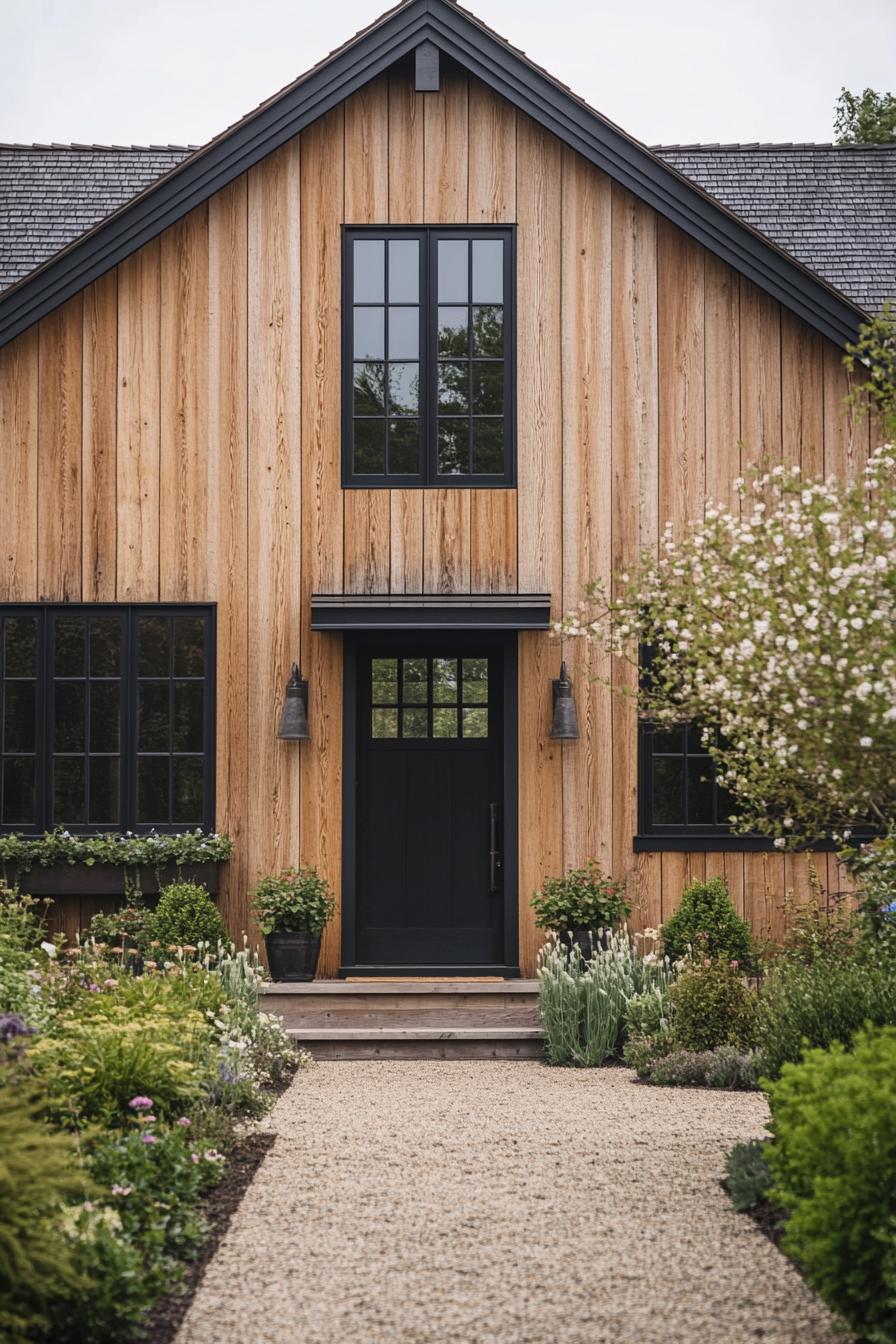 A modern farmhouse with wooden siding and black accents