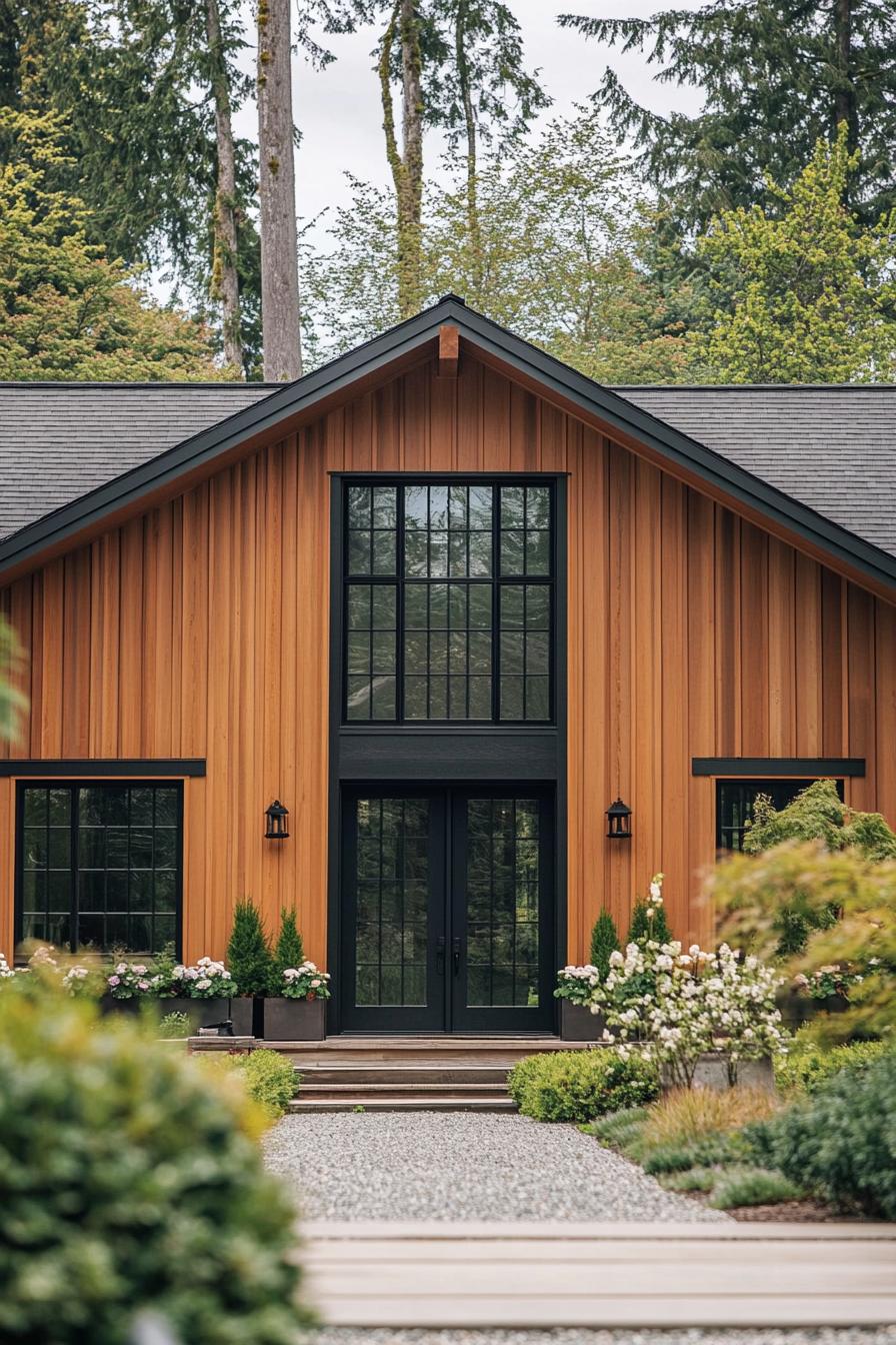 Tall wooden farmhouse nestled among trees