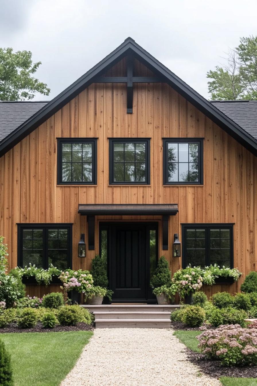 Wooden farmhouse with black-framed windows and lush greenery