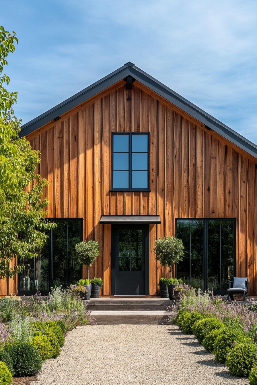 Modern farmhouse with wood paneling and large glass windows