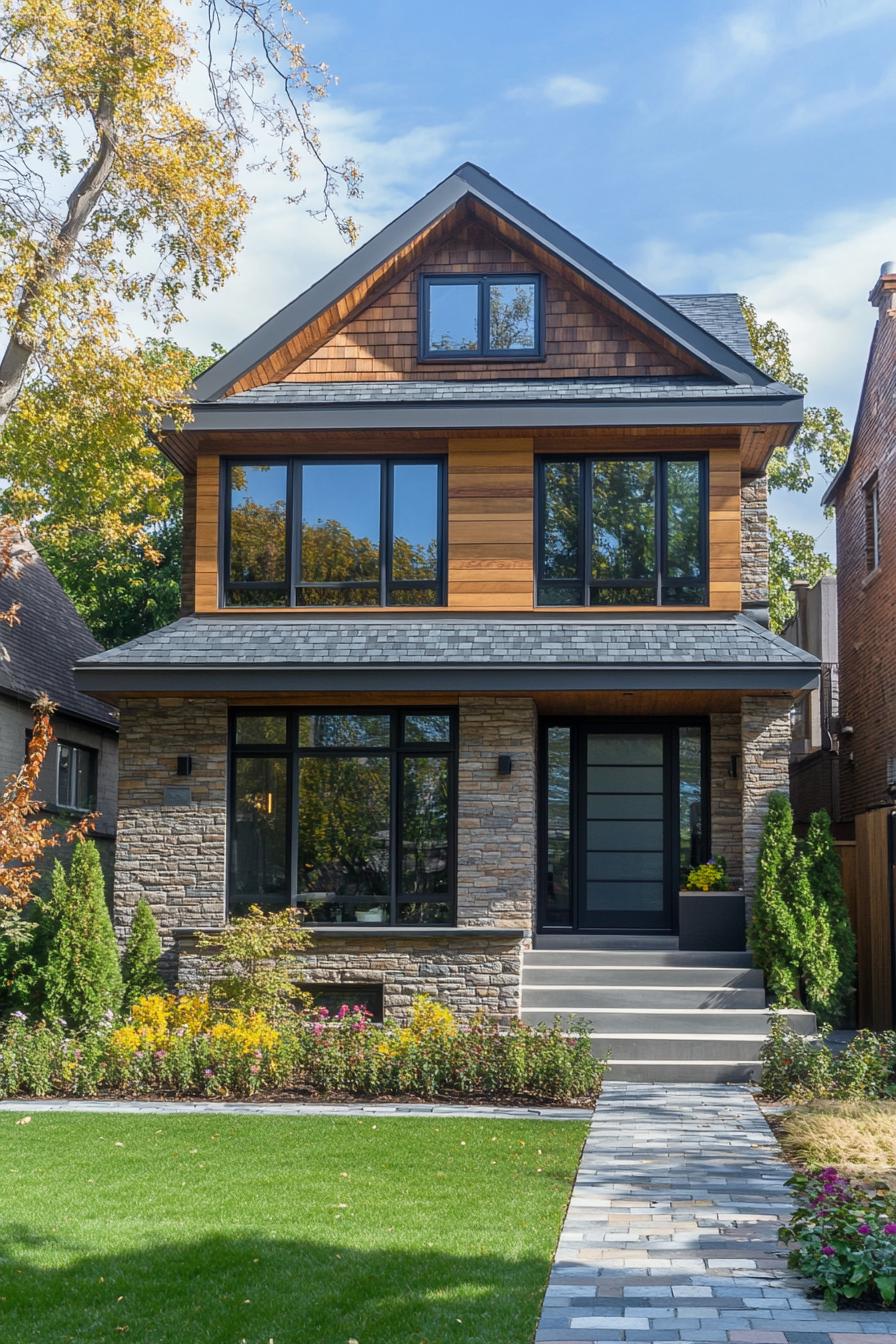 Modern stone house with large windows and a pathway