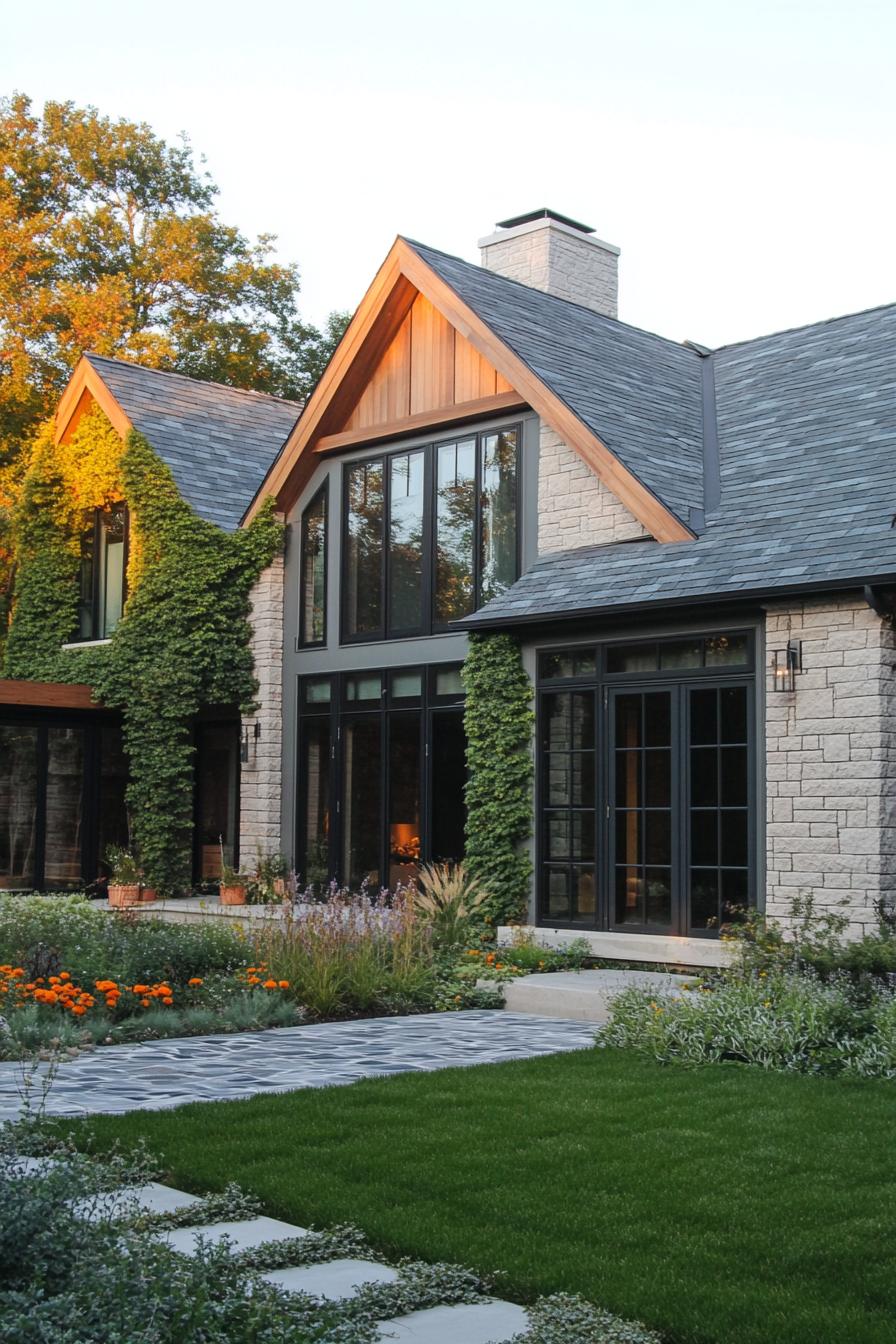 Stone house with ivy-covered walls and large windows