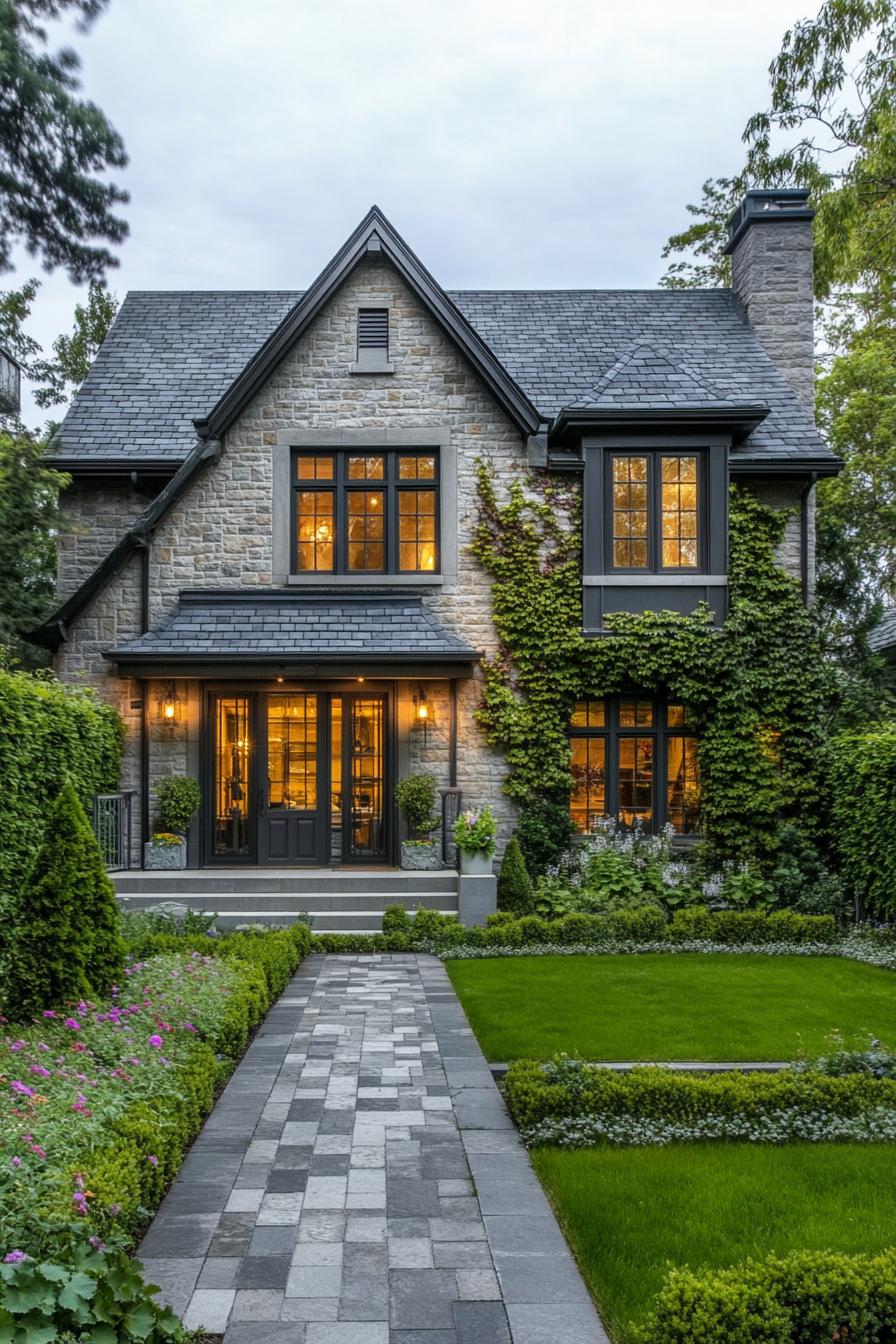 Charming stone house with ivy and glowing windows