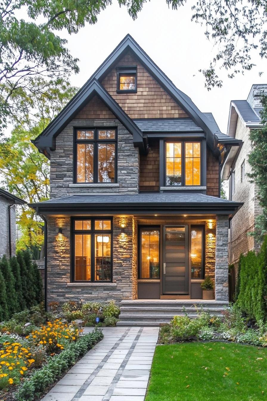 Stone house with large glowing windows