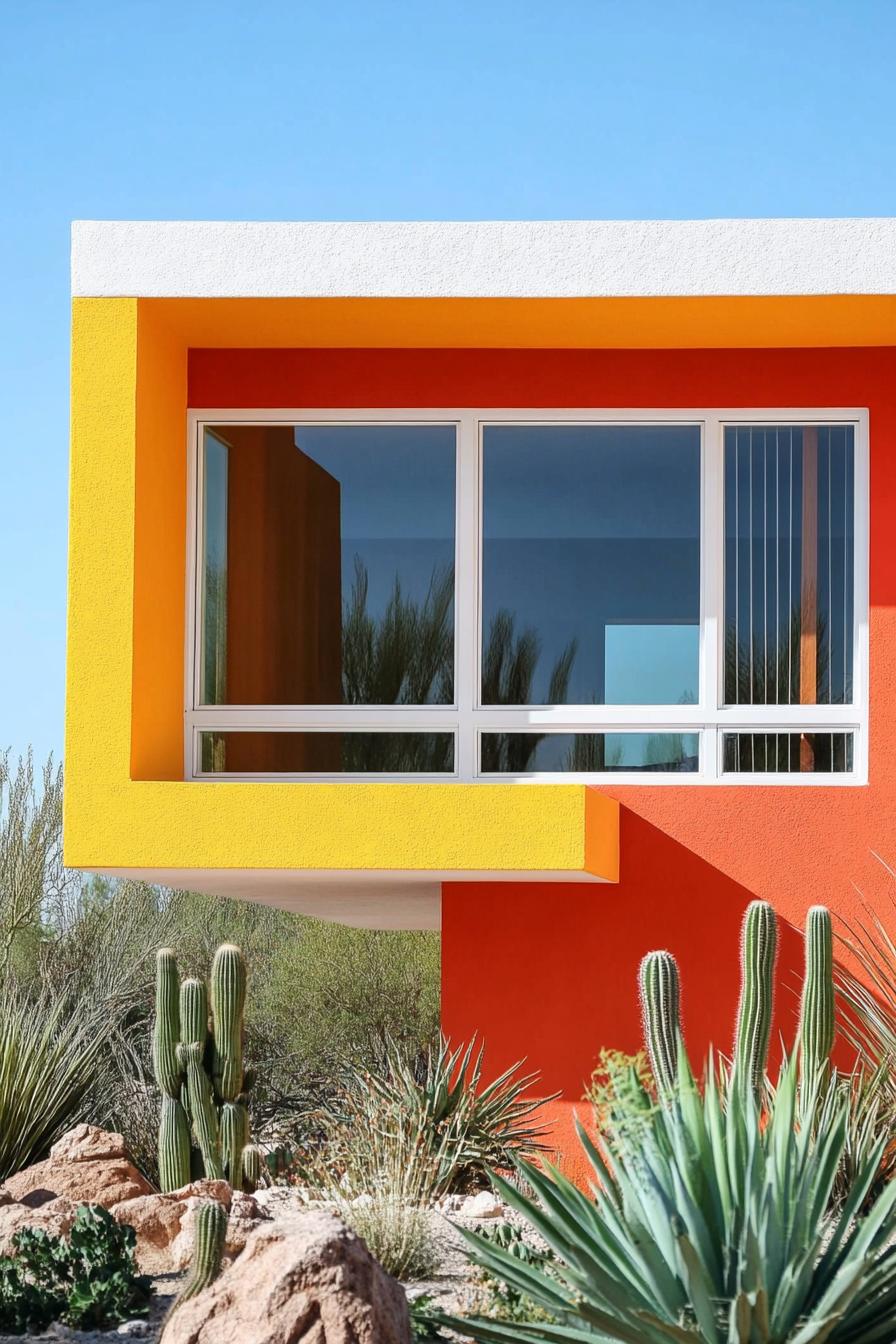 Bright yellow and orange building with large windows surrounded by desert plants