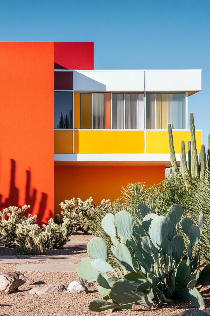 Bright modern building with red and yellow hues surrounded by cacti