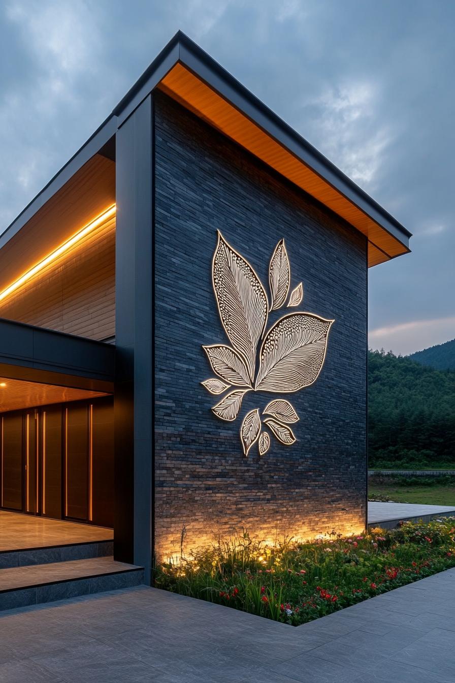 Modern house facade with illuminated leaf design