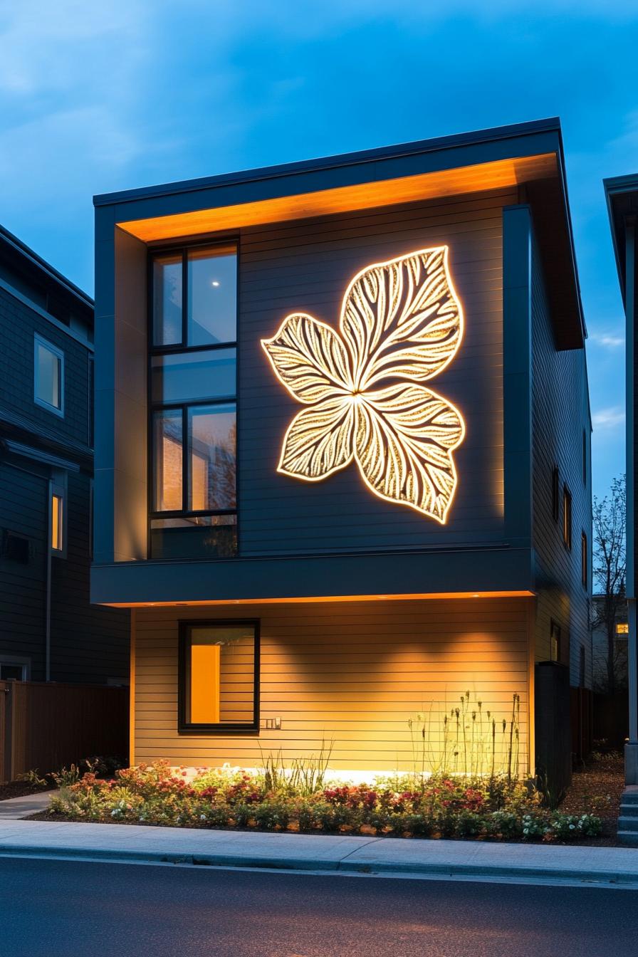 House with illuminated floral design on the facade