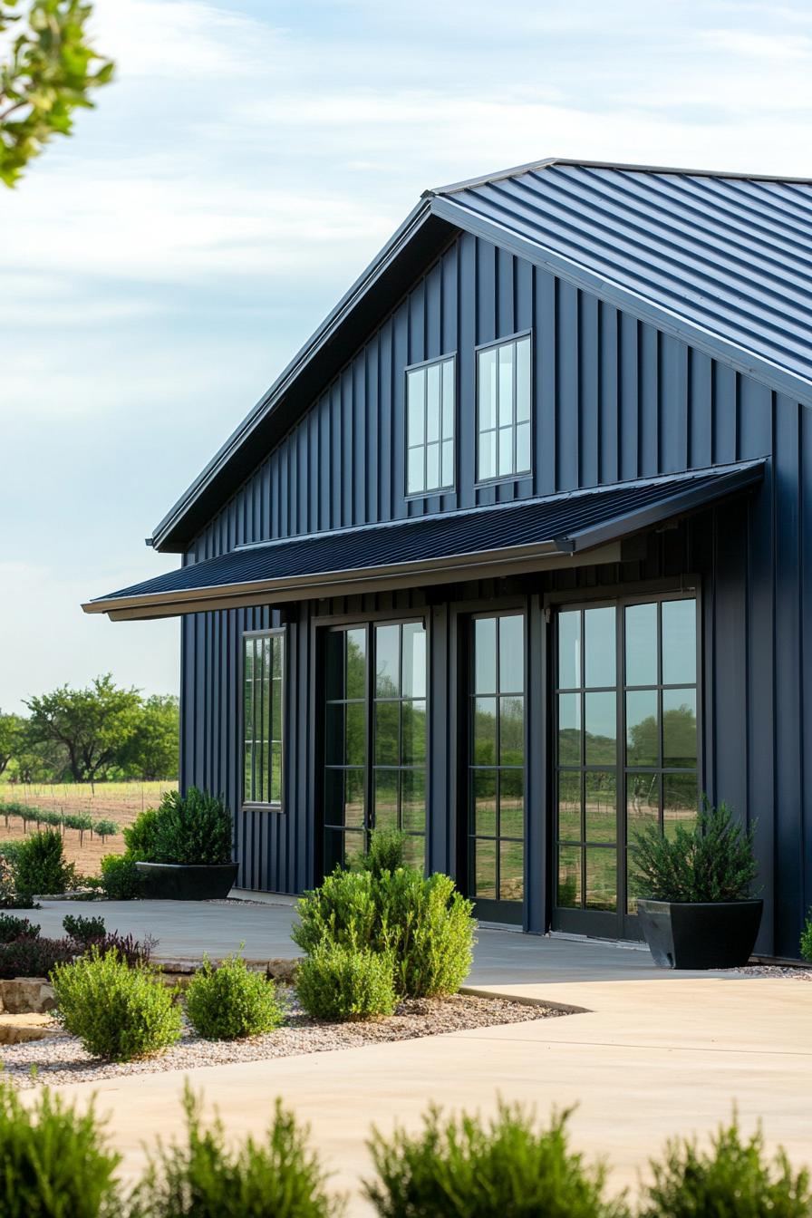 Modern metal building with large windows and garden