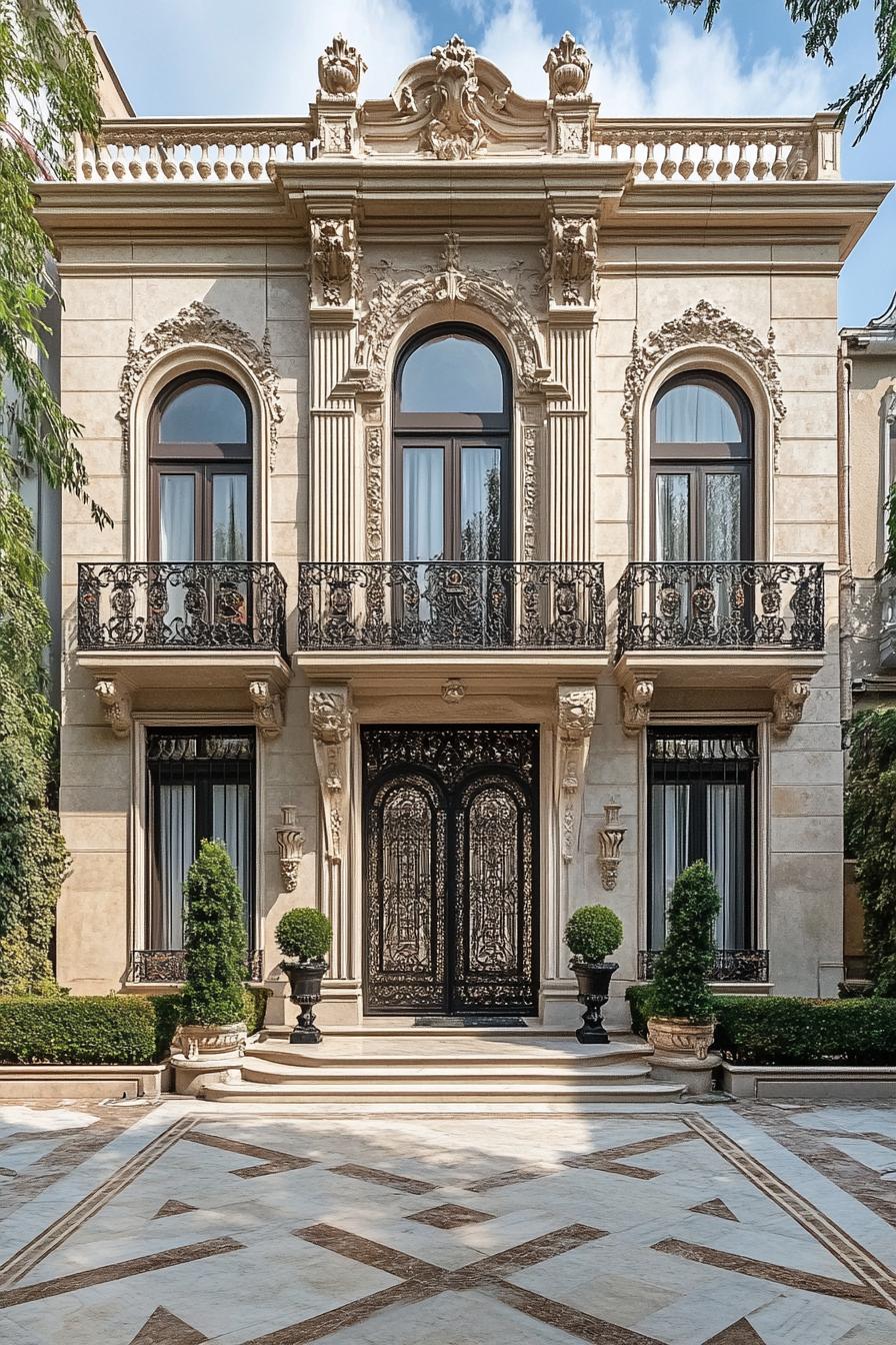 Elegant front of a luxurious house with intricate designs