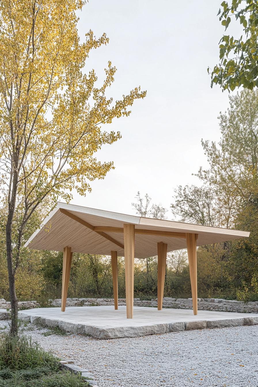 Contemporary pavilion with wooden beams in a forest setting