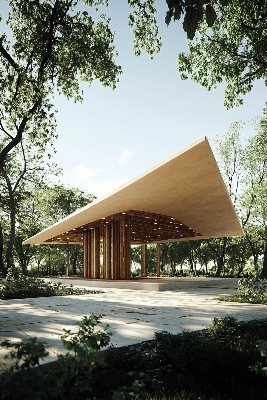 Pavilion with an angular wooden canopy surrounded by trees