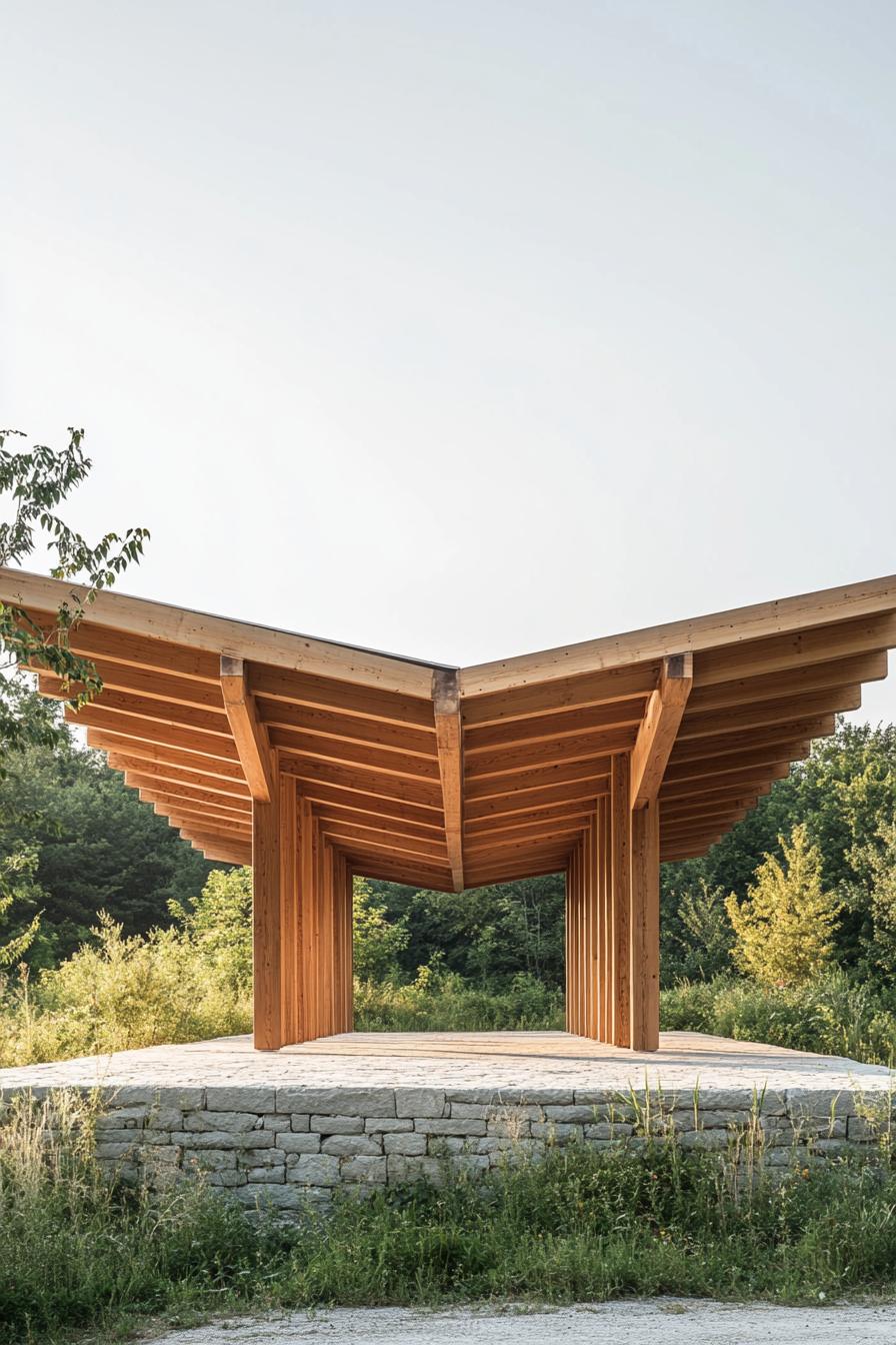 Wooden pavilion with a V-shaped roof in a forest setting