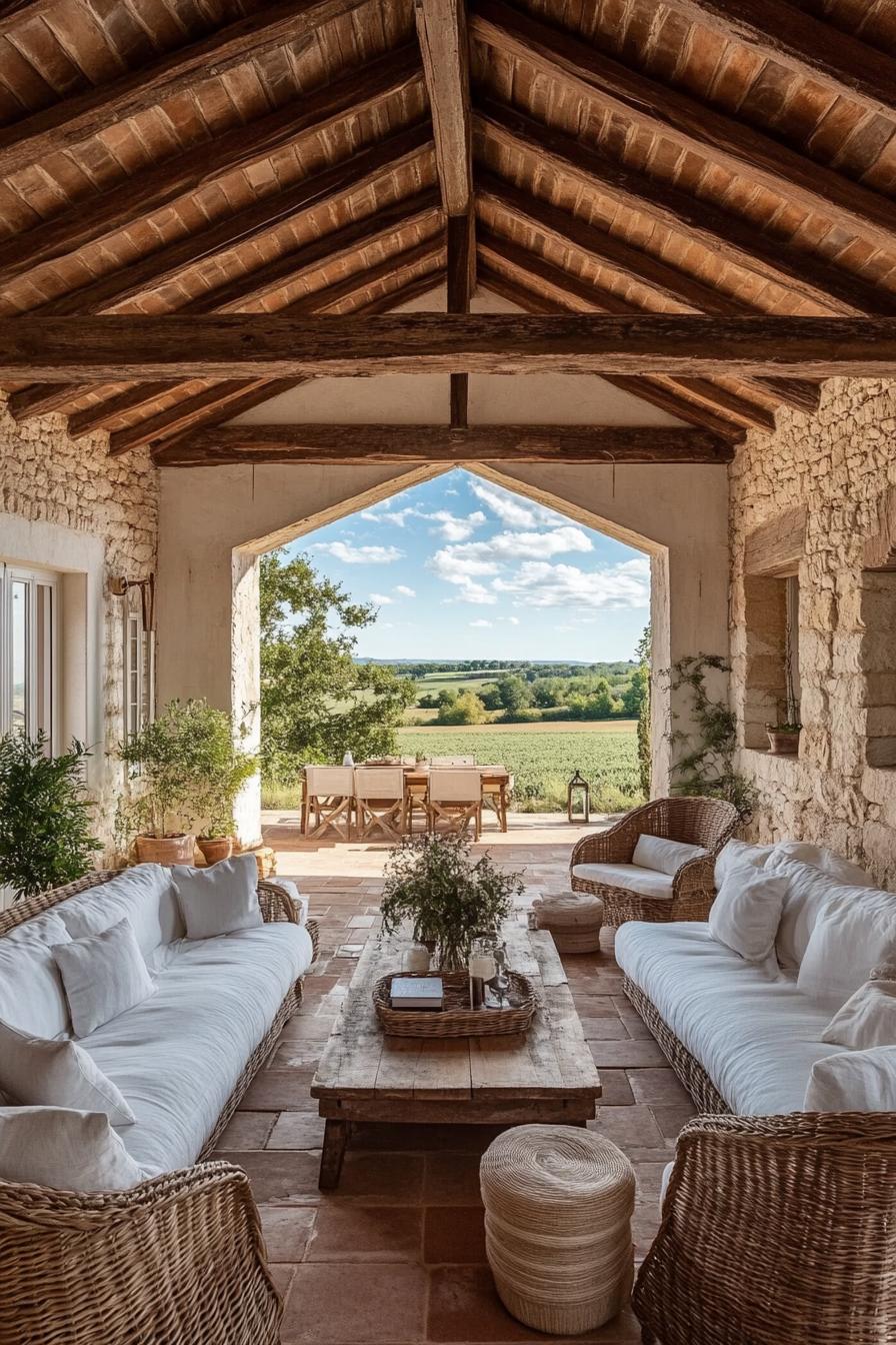 Patio with wicker furniture overlooking a lush landscape