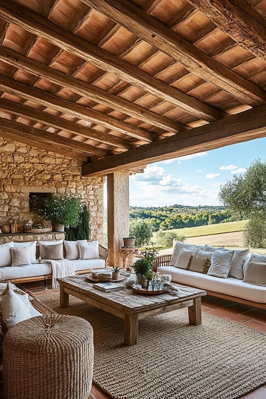 Rustic patio with a wooden ceiling and comfortable seating