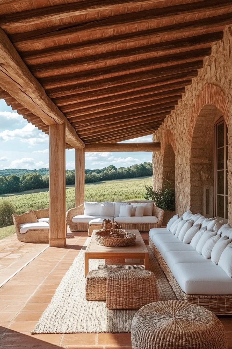 Rustic outdoor seating area with wicker furniture