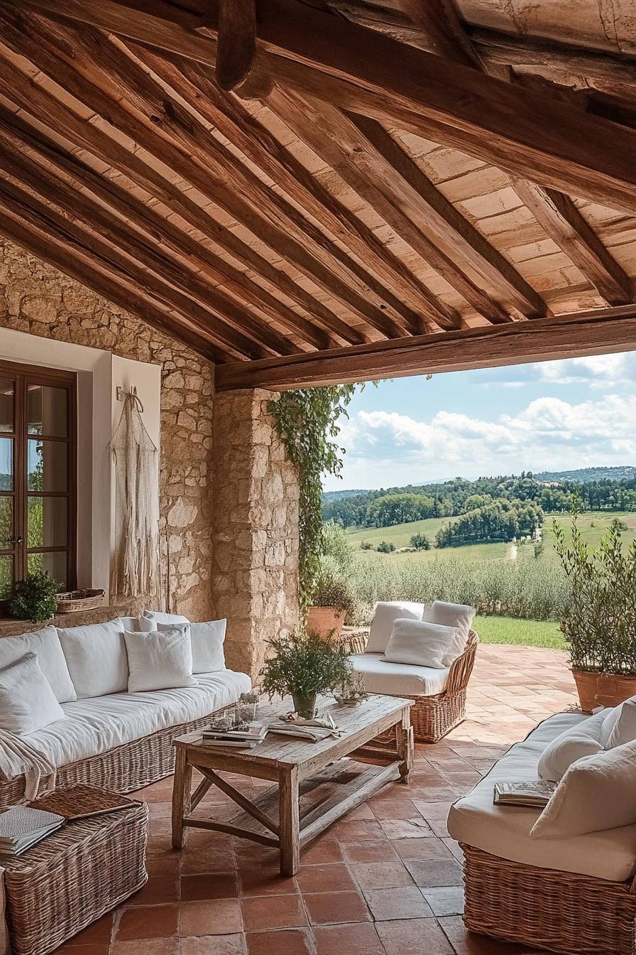 Charming outdoor seating area with rustic stone walls and scenic views